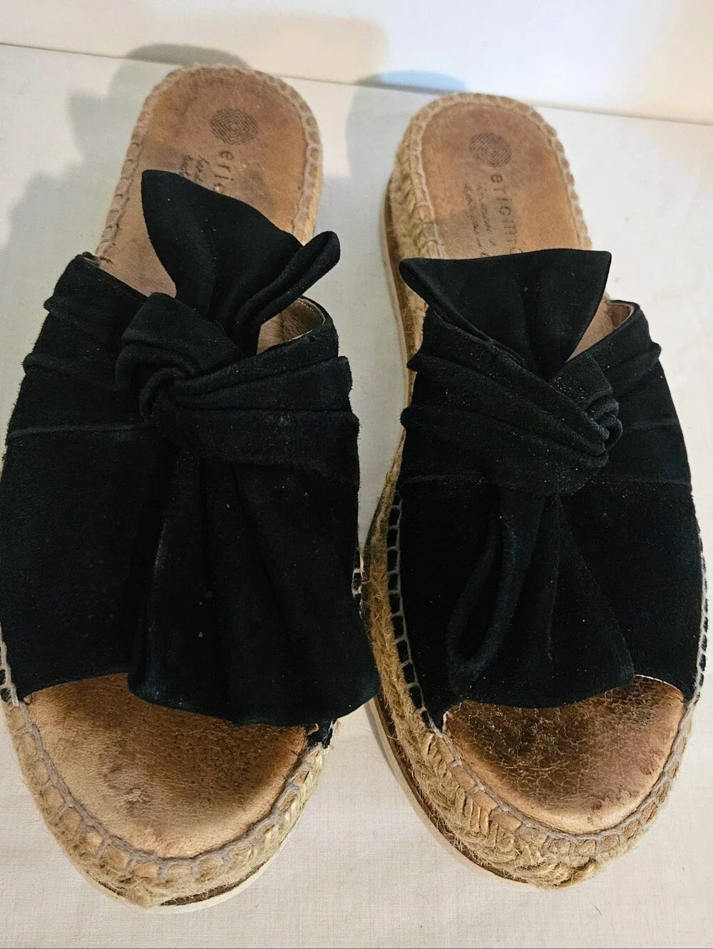 Eric Michael Black Suede Bow Espadrille Slide Sandals Handmade Spain Genuine